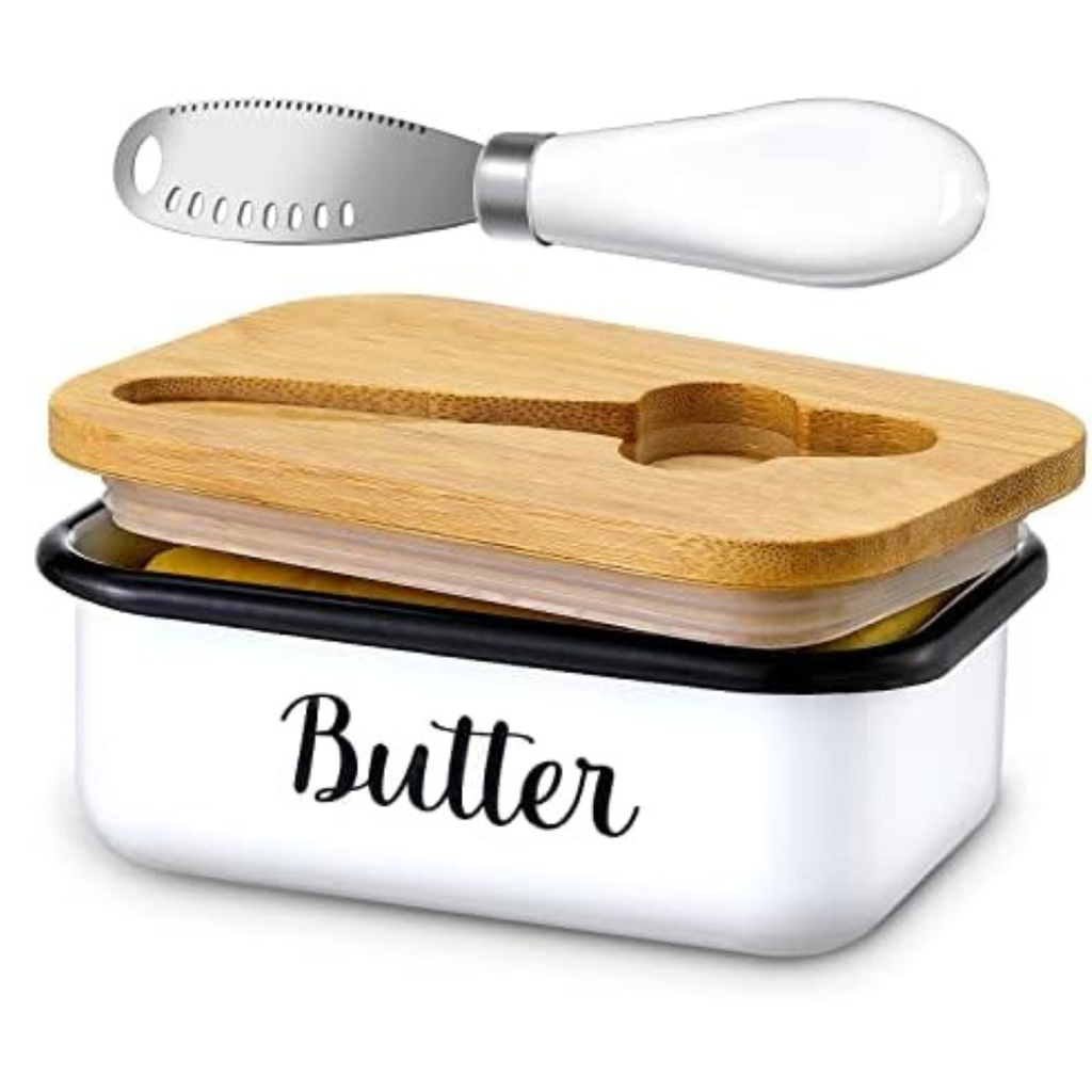 Butter Dish with Lid and Butter Curler Knife, Stainless Steel Butter Keeper with Double Silicone Seal for Kitchen & Farmhouse Decor