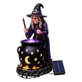 Halloween Witch Cauldron Garden Light, 6" Solar Powered Resin Witch Figurine with LED Glow, Waterproof Solar Garden Statues & Witch Decor Ornaments for Outdoor Yard & Porch