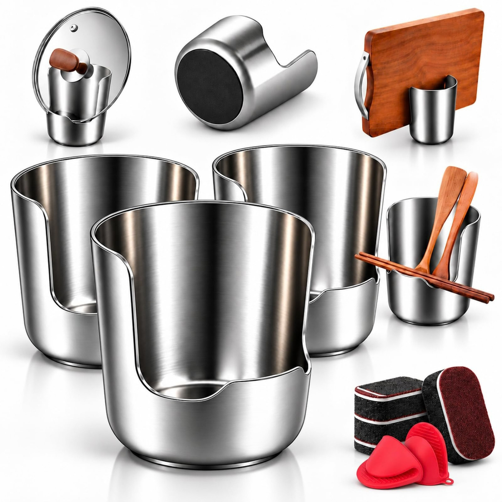Thickened Stainless Steel Utensil Organizer, 2-in-1 Spoon & Lid Holder