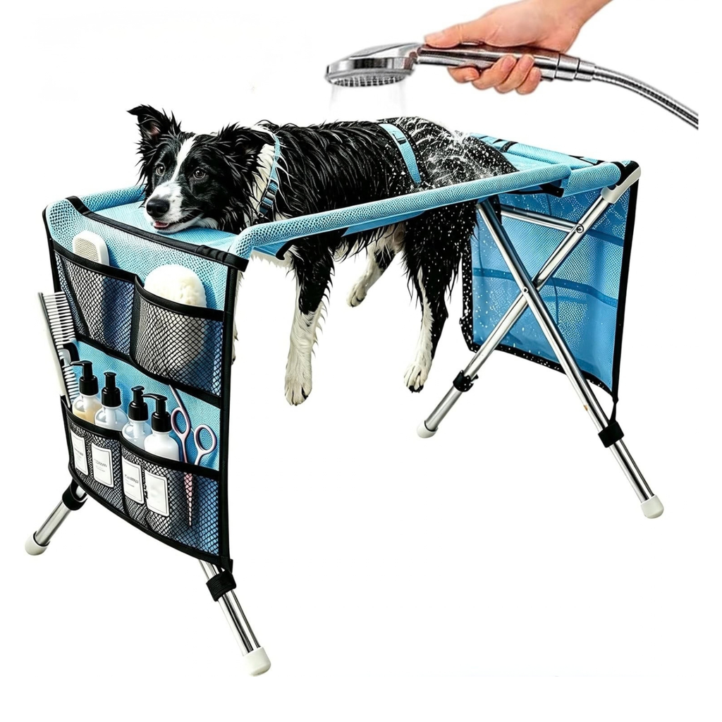 Dog Shower Hammock, Chair & Holder Stand – 2026 Upgrade Foldable，Blue