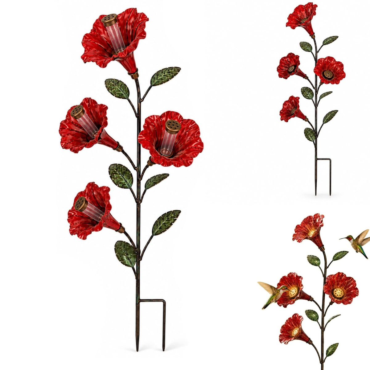 Vintage Red Trumpet 4-Flower Hummingbird Feeder Garden Stake (1 PC)