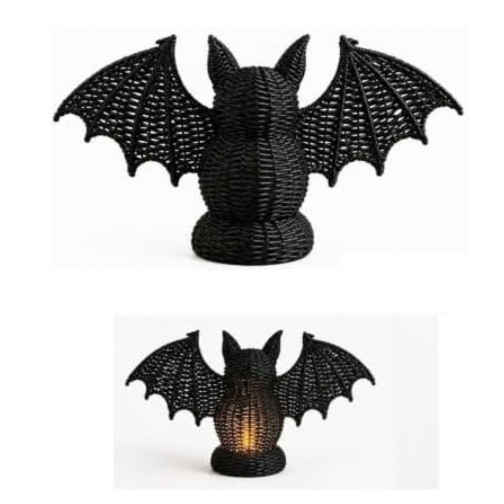 Handwoven Wicker Halloween Bat Lamp Figurine, Gothic Home Decor, Halloween Candy Basket & Trick or Treat Bucket, Rustic Rattan Lantern for Fall Harvest Spooky Tabletop Storage