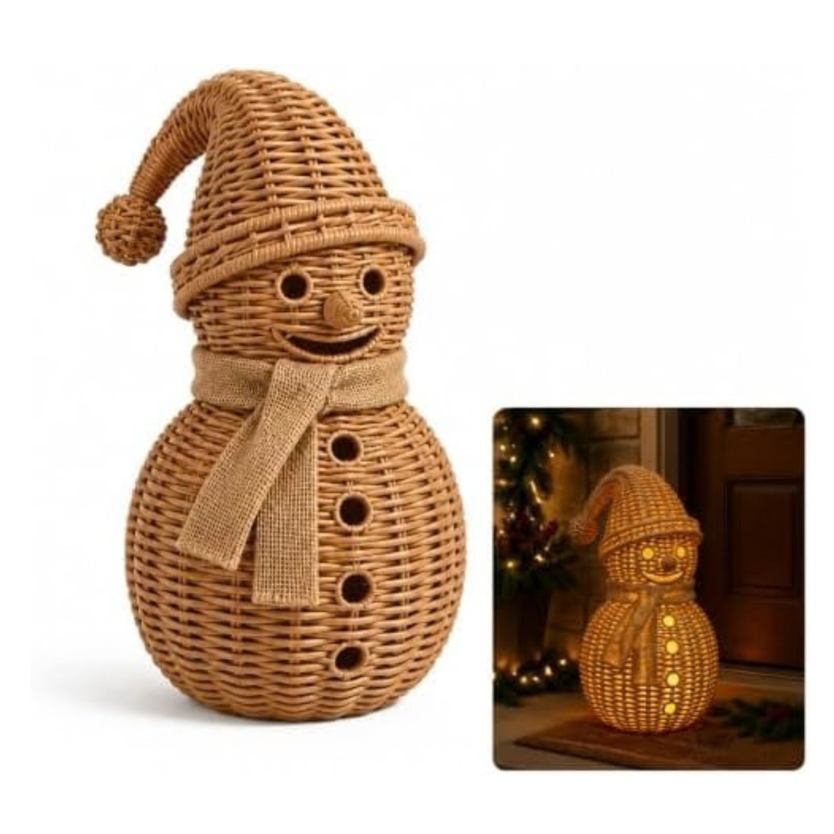 Handwoven Natural Rattan Snowman Figurine & Wicker Candle Holder (12in A)