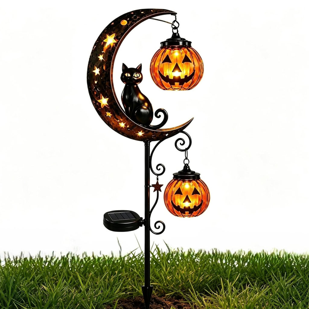 Pumpkin Moon Garden Stake Light, Solar Black Cat Pumpkin Halloween Outdoor Decoration