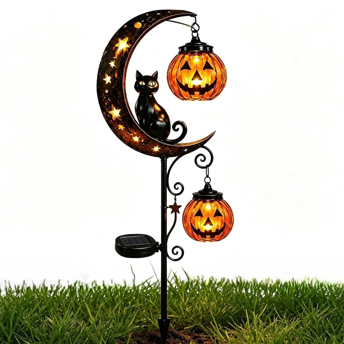 Pumpkin Moon Garden Stake Light, Solar Black Cat Pumpkin Halloween Outdoor Decoration