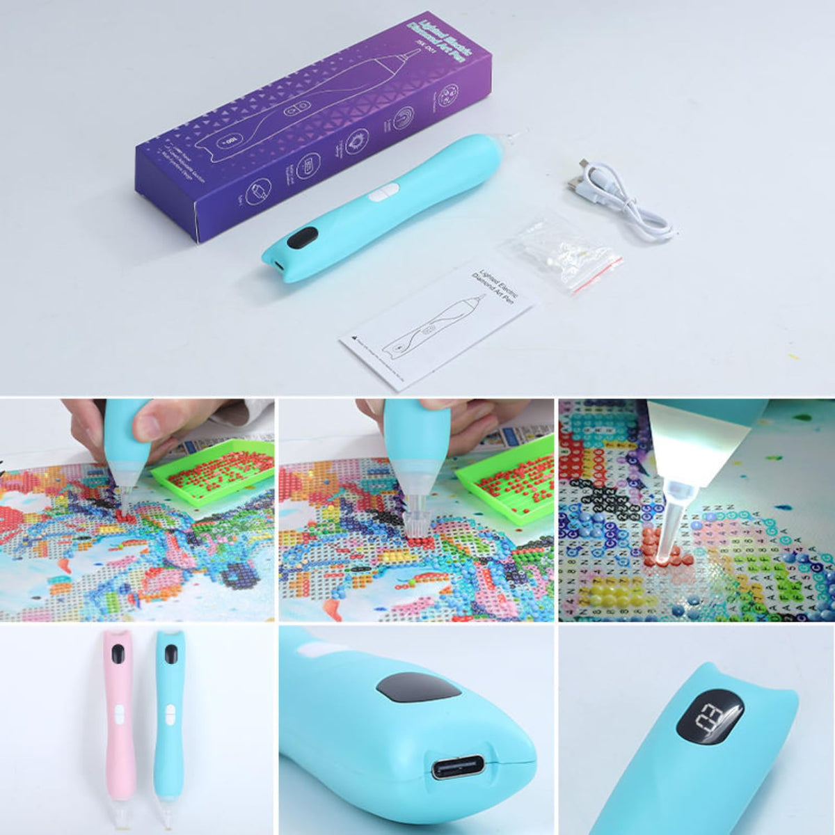 Electric Diamond Painting Pen, Lighted Rechargeable Rhinestone Applicator Tool with 3 Suction Levels, 3 LED Light Modes, Digital Battery Display & 4 Replaceable Tips for DIY Art Crafts