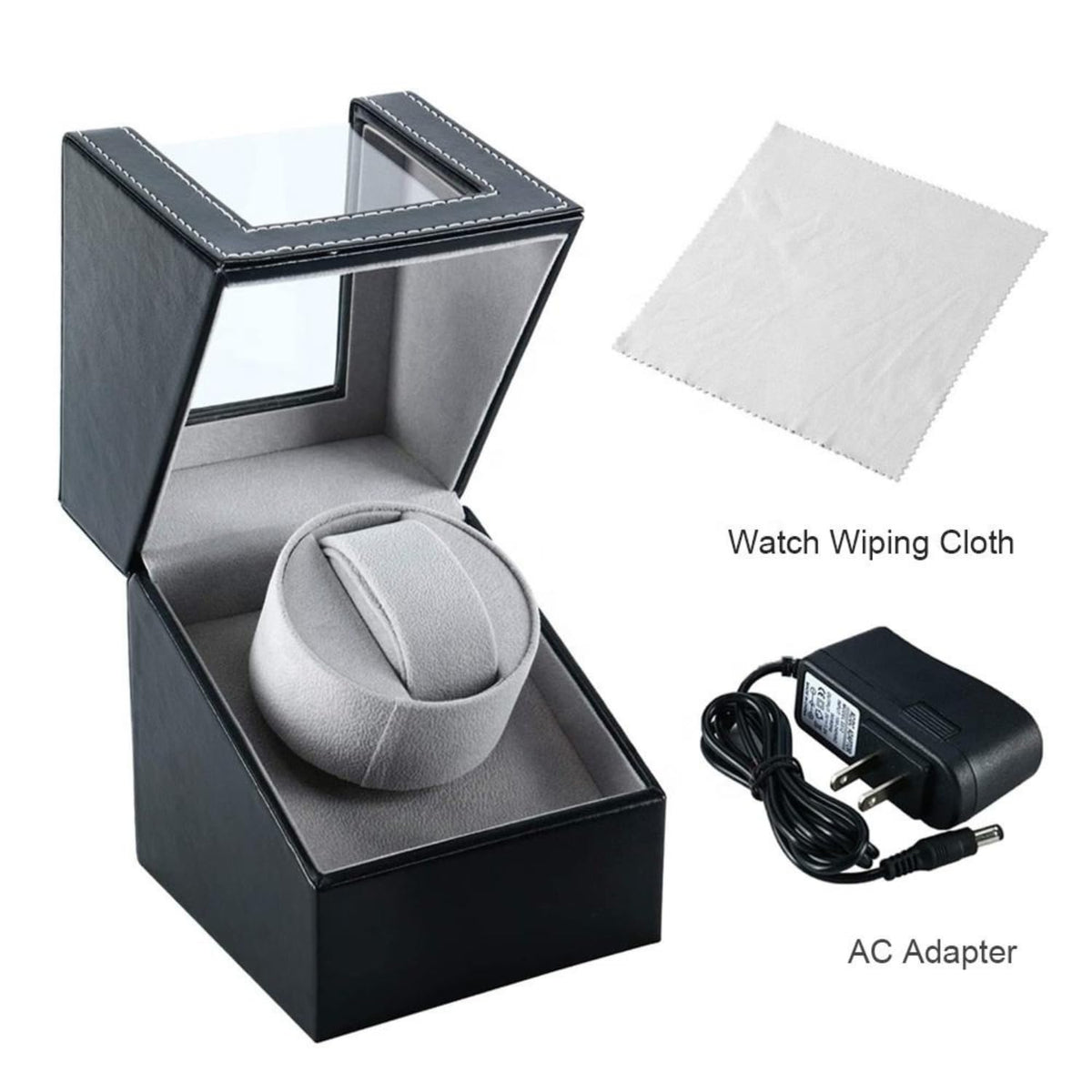Single Watch Winder Box, Black PU Leather with Clear Window