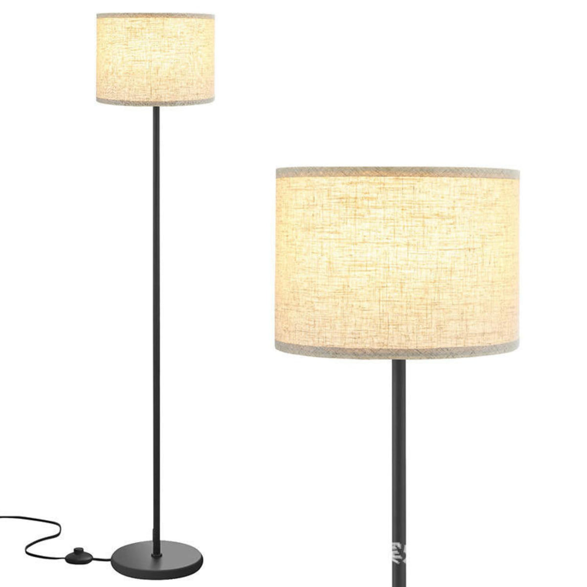 Modern Minimalist LED Floor Lamp Tall Metal Standing Pole Light Linen Fabric Shade Foot Switch Bedside Lamp for Living Room Bedroom Office Hotel Decor (Standard E26 Socket Base)