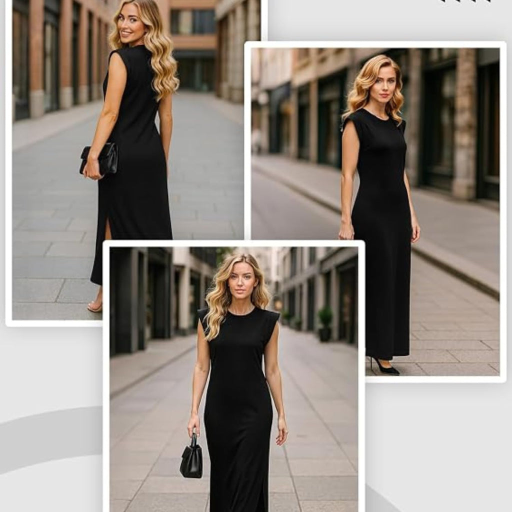 Women's Maxi Dress – Casual Round Neck Sleeveless Long Beach Dress with Side Split & Pockets, Cap Shoulder Accent, Soft Stretch Longline Sundress for Everyday Wear (Black, S)