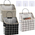 3 Pcs Fabric Wall Hanging Storage Caddy Bag Set – Small Wall-Mounted Bedroom Organizer with Adhesive Hooks, Mesh Side Pockets & Wire Metal Frame, Grey, Black & White Plaid Hanging Baskets for Books