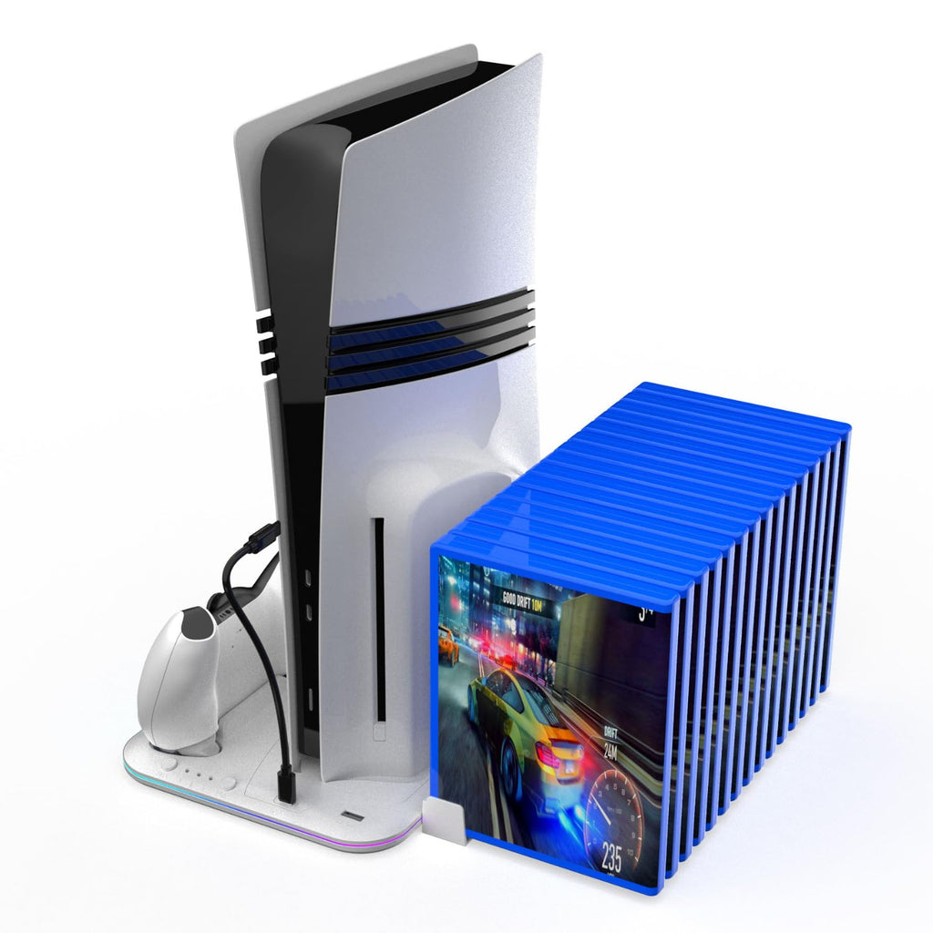 White Vertical Cooling Stand with Dual Controller Charging Dock, Silent Cooling Fan Base, Headset Holder & Media Slots for Disc & Digital Edition Consoles with Type-C Cable