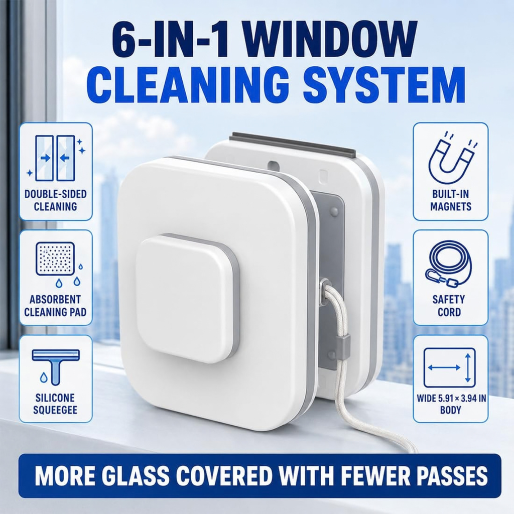 6-in-1 Magnetic Window Cleaner, Double-Sided Glass Cleaning Tool