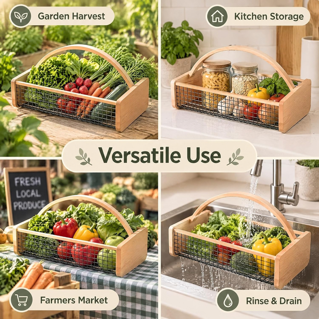 Garden Hod Harvest Basket, Wooden Vegetable Basket with Metal Mesh, Large Capacity