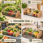 Garden Hod Harvest Basket, Wooden Vegetable Basket with Metal Mesh, Large Capacity
