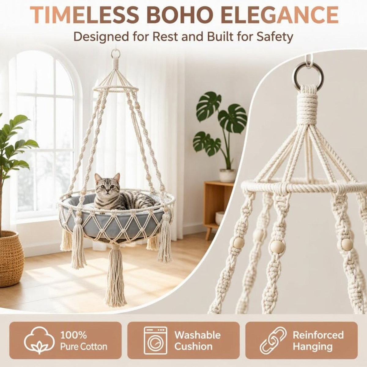 Cat Swing, Cats Hammock with Soft Cushion Handwoven Hanging Purr Swing Bed