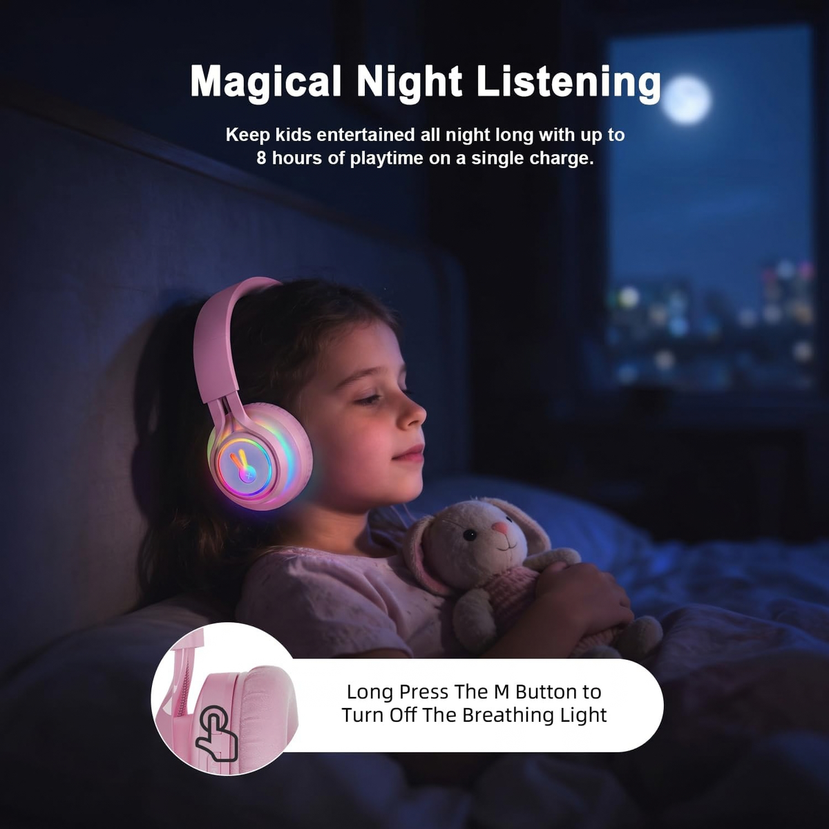 LED Bunny Kids Bluetooth Headphones, Over Ear Wired & Wireless Headset Pink
