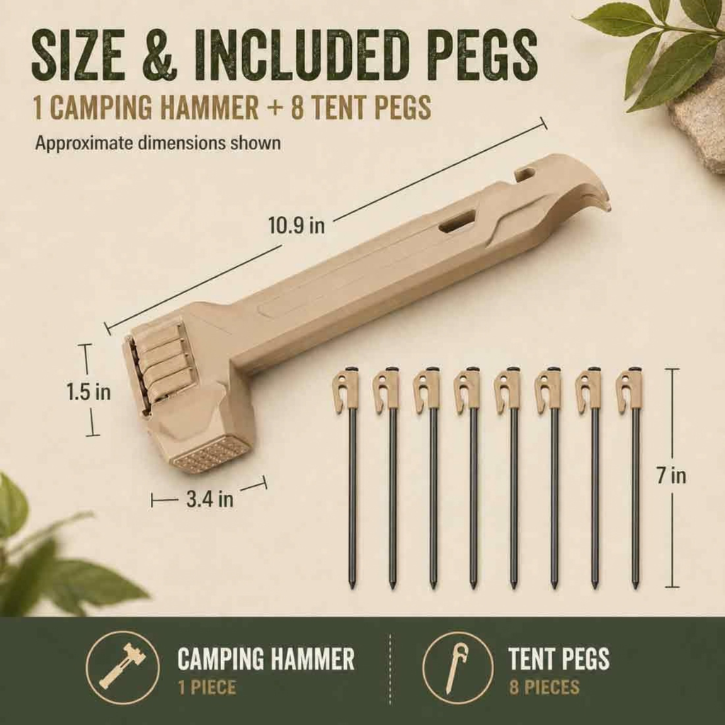 Tent Stake Hammer with 8 Steel Stakes, Peg Puller, Bottle Opener, Storage Handle
