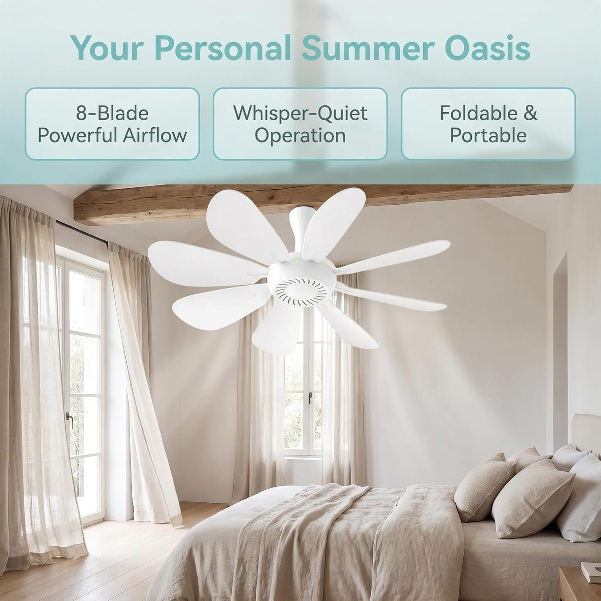 Collapsible Ceiling Fan with Remote & Light, 8 Detachable Blades, Quiet Portable Fan
