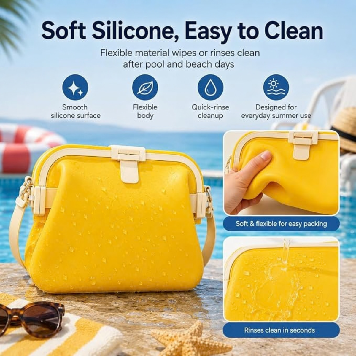 2027 New Silicone Beach Bag, Women's Swimming Storage Bag with Strap