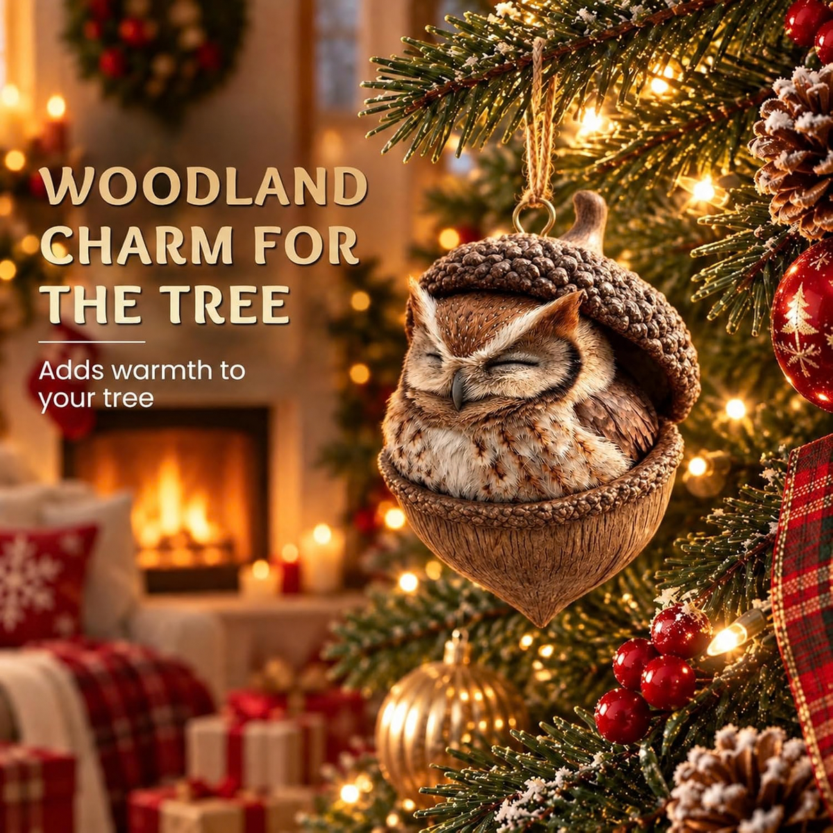3D Forest Animal Acorn Ornaments, Woodland Hanging Decorations (Owl)