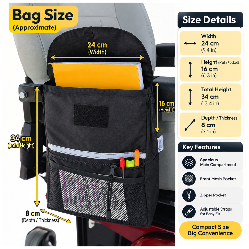 Large Armrest Saddle Bag for Wheelchairs, Scooters, and Walkers with Storage