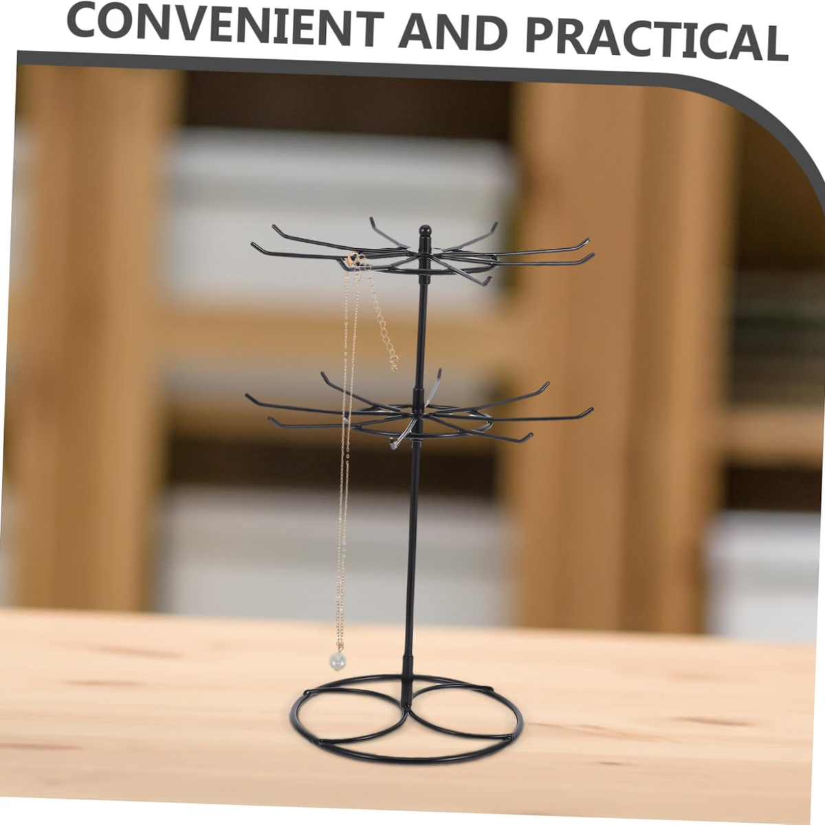 Rotating 2 Tier Necklace Display Stand with Hooks for Glasses Iron Metal Build, Black Finish, Office Desk or Vanity, Space Saving Design for Key Rings and Clutter Free Setup