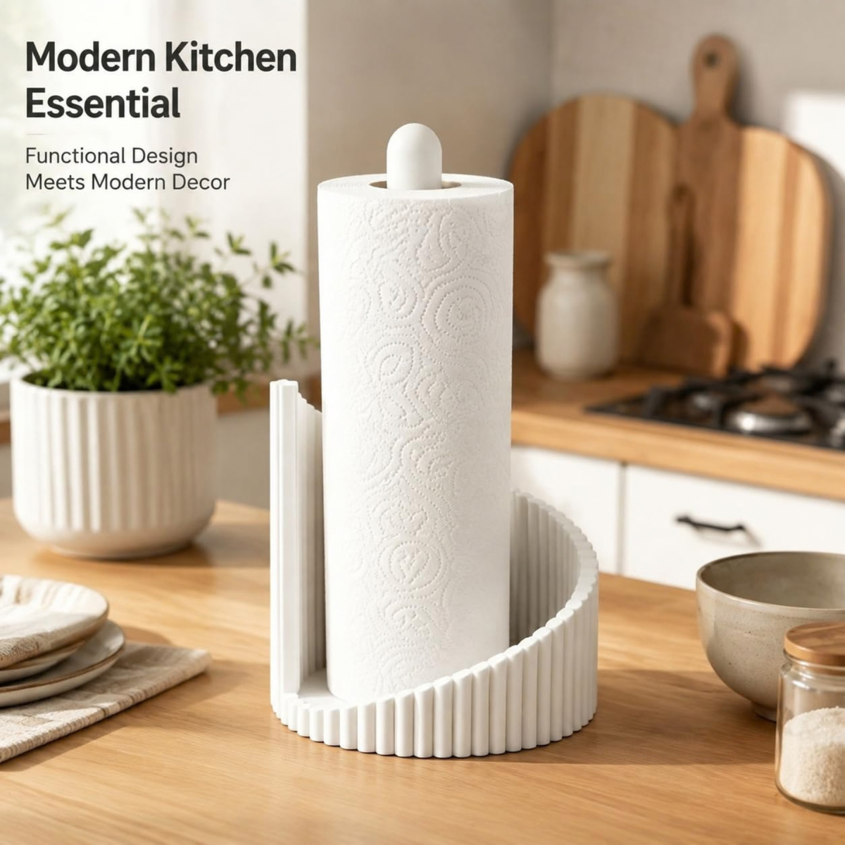Ribbed Paper Towel Holder Kitchen Counter, Modern Countertop Roll Holder