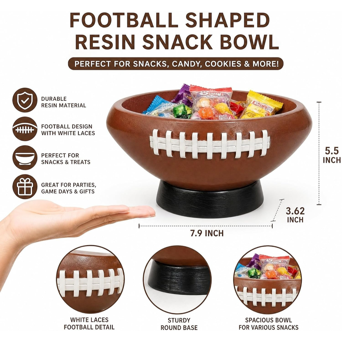 Football Bowl Serving Tray, 7.9 x 5.5 x 3.62 Inches, Reusable Resin Snack Bowl
