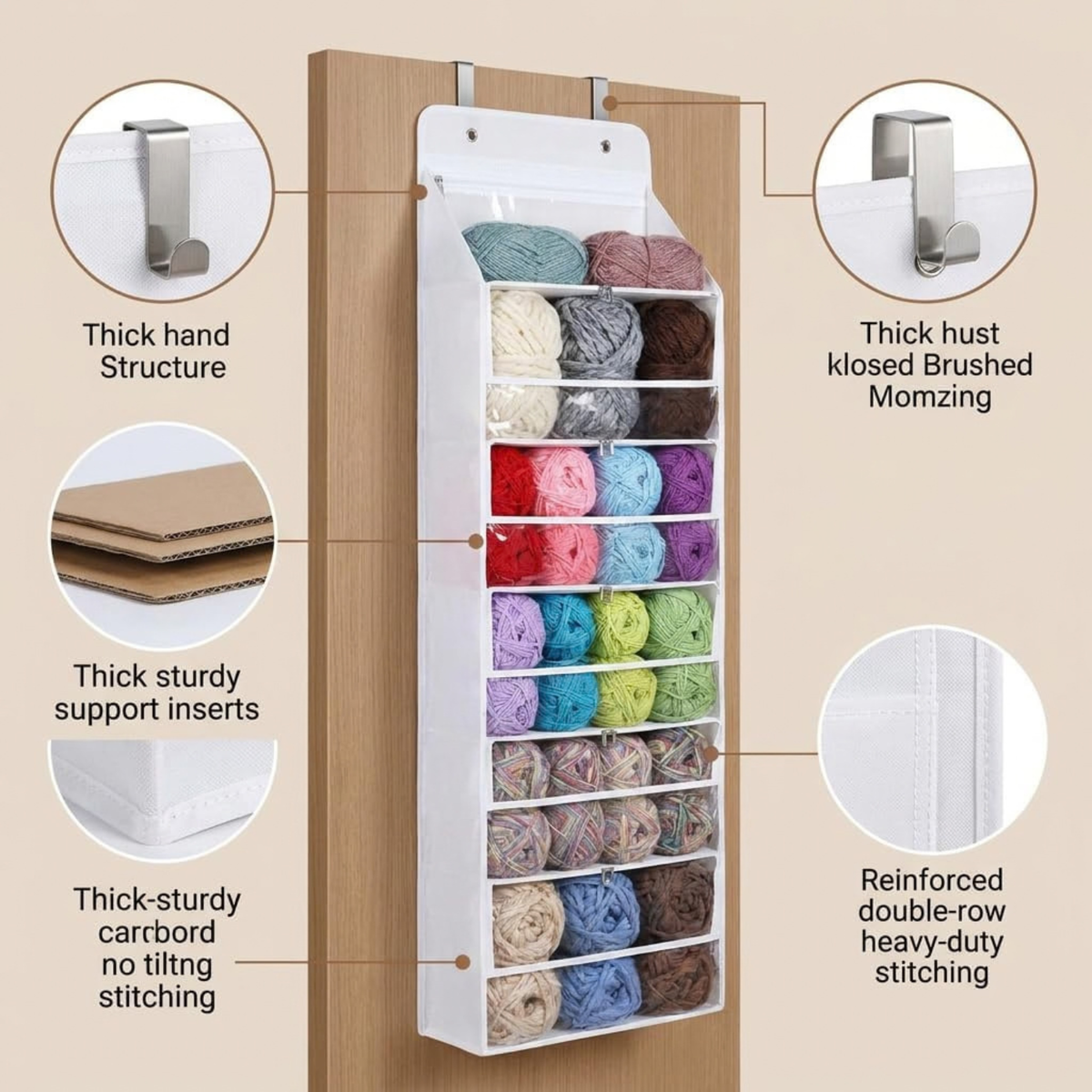 6-Tier Hanging Yarn Storage Organizer with Zippered Compartments and Mesh Pockets