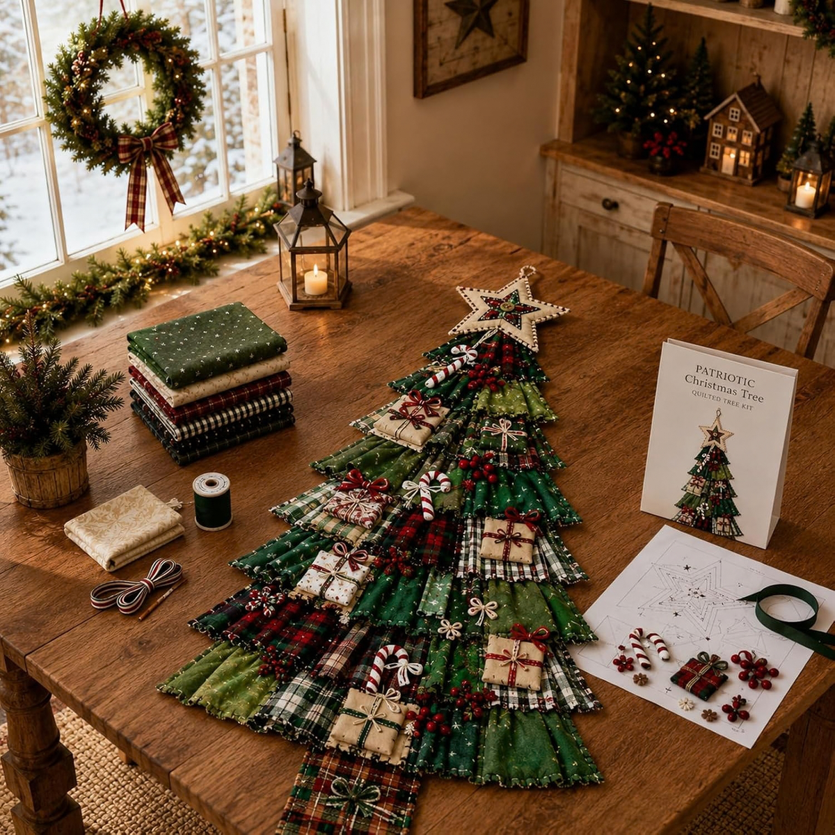 AUOBAG DIY Patchwork Christmas Tree Wall Hanging Kit, US Patriotic (Classic Green-Red)