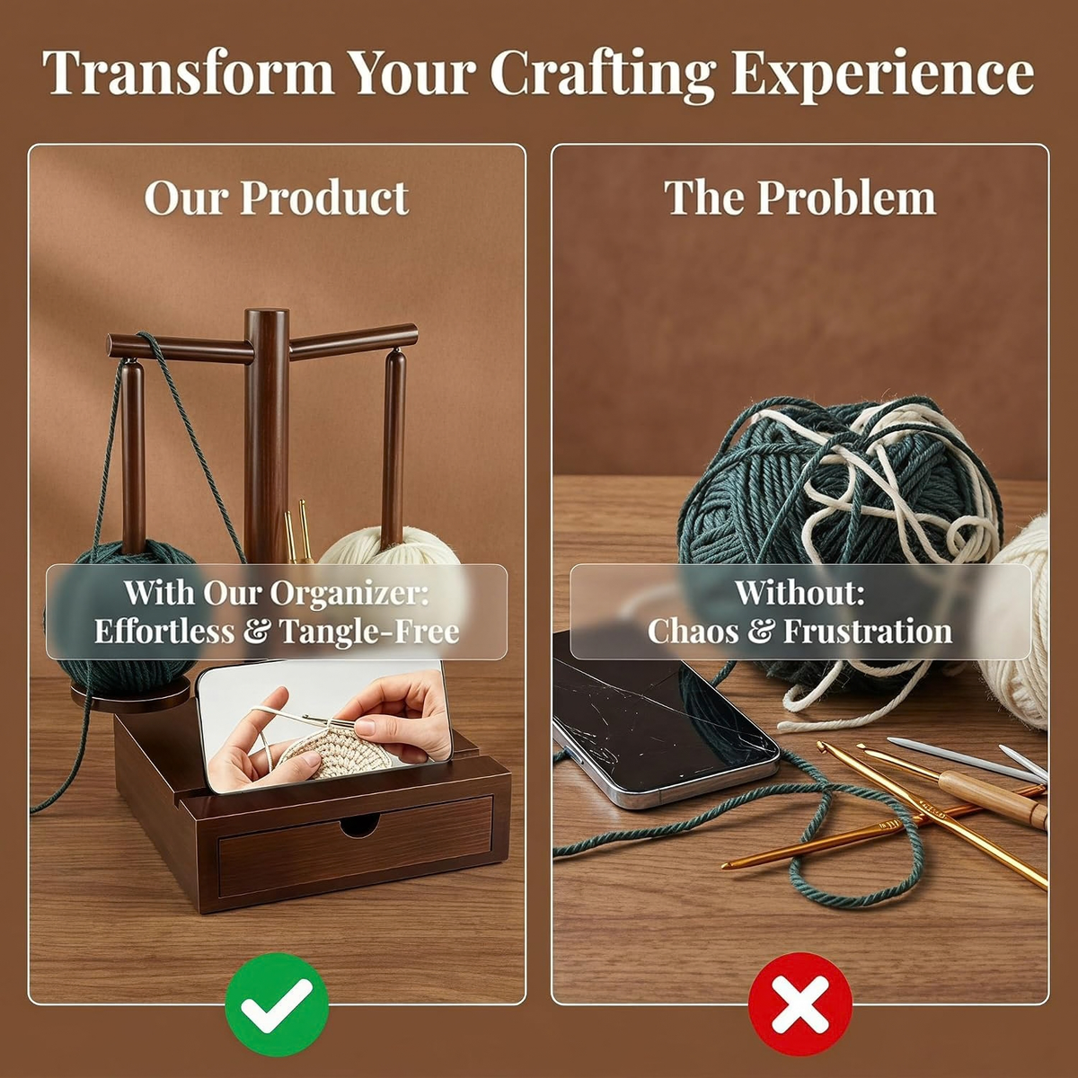 Wooden Yarn Holder with Magnetic Rotating Spinner, 2 Spindles & Storage Box