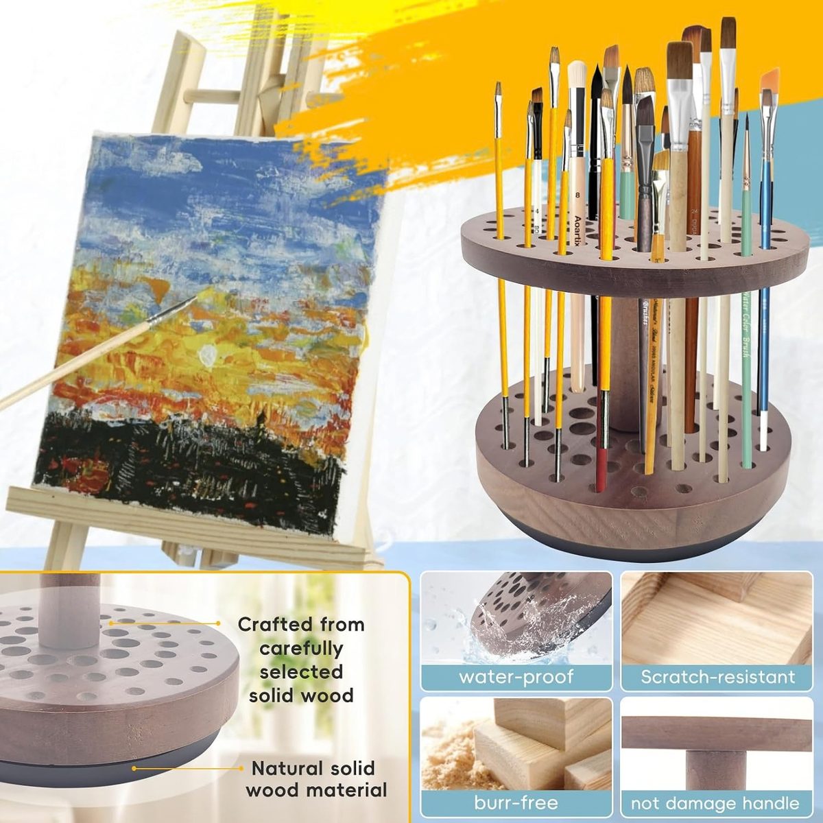360° Rotating Hardwood Paint Brush Holder, Artist Desktop Storage Organizer