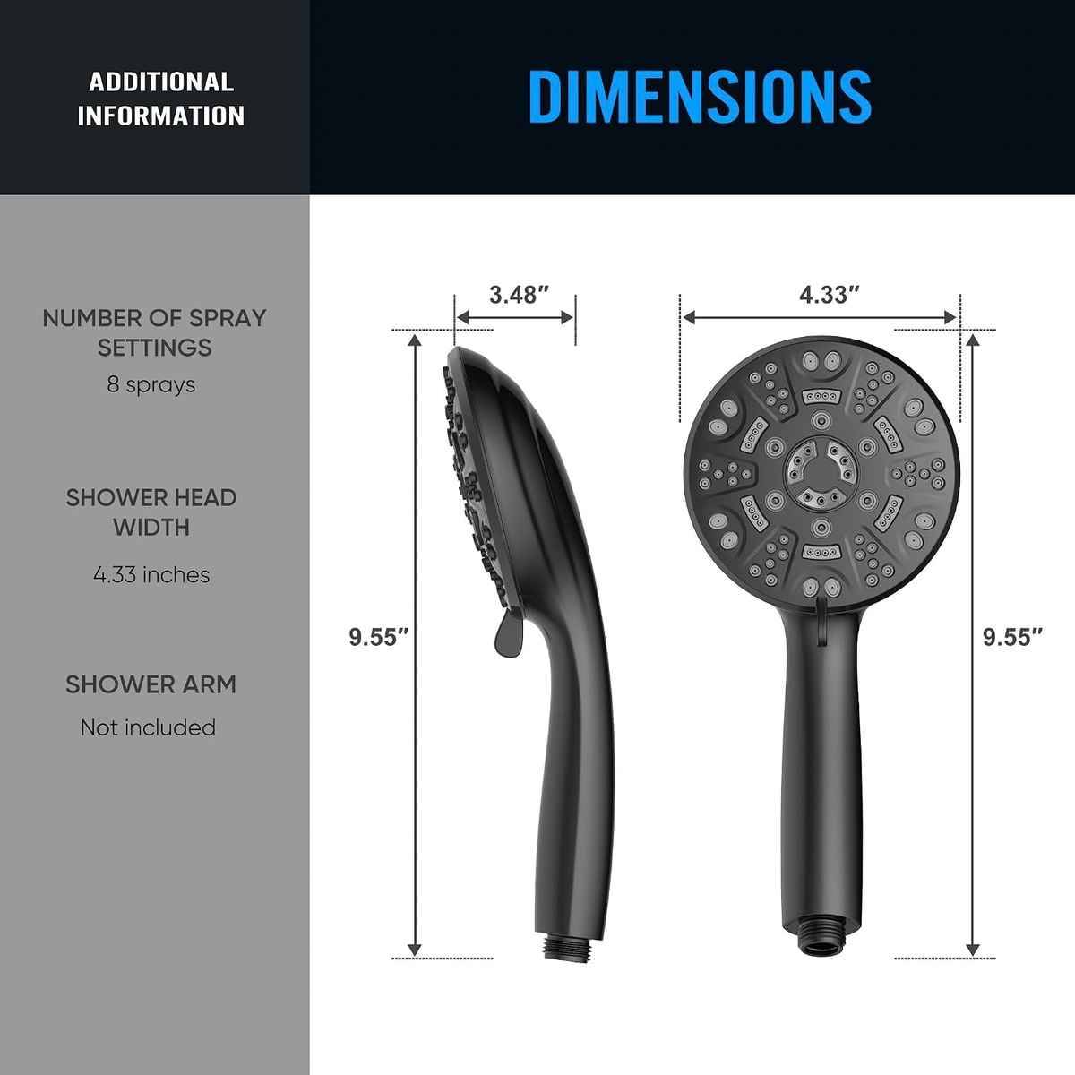 Cobbe 8-Setting Handheld Shower Head, Water-Saving Design, Matte Black