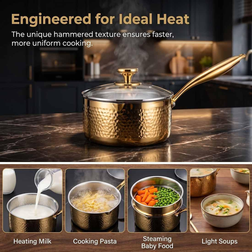 Pure Titanium Saucepan with Lid, Hammered Nonstick Pot for All Stovetops, Gold