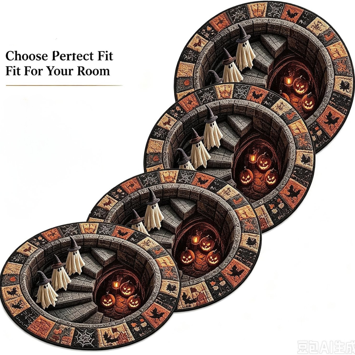 3D Haunted Staircase Round Rug – Spooky Halloween Optical Illusion，B-120cm