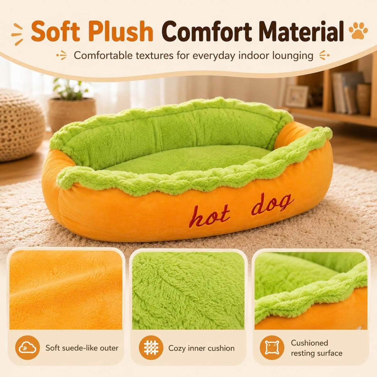 Hot Dog Bed for Dachshund, Plush Cozy Pet Sofa for Small Dogs