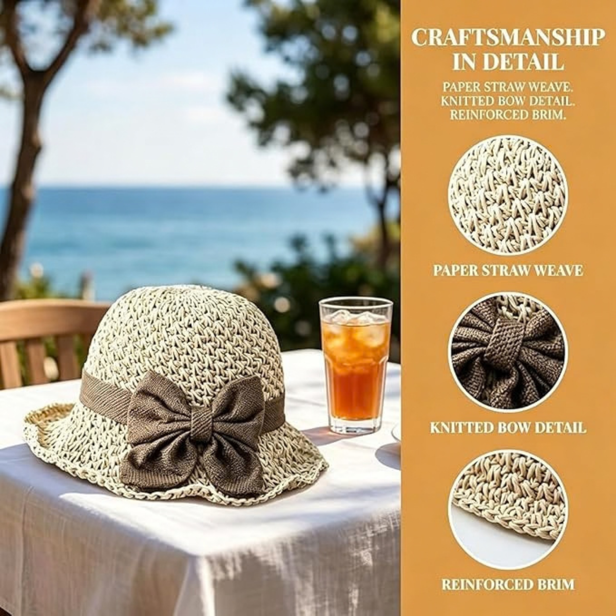 Elegant Woven Straw Sun Hat with Bow, Women Foldable Wide Brim