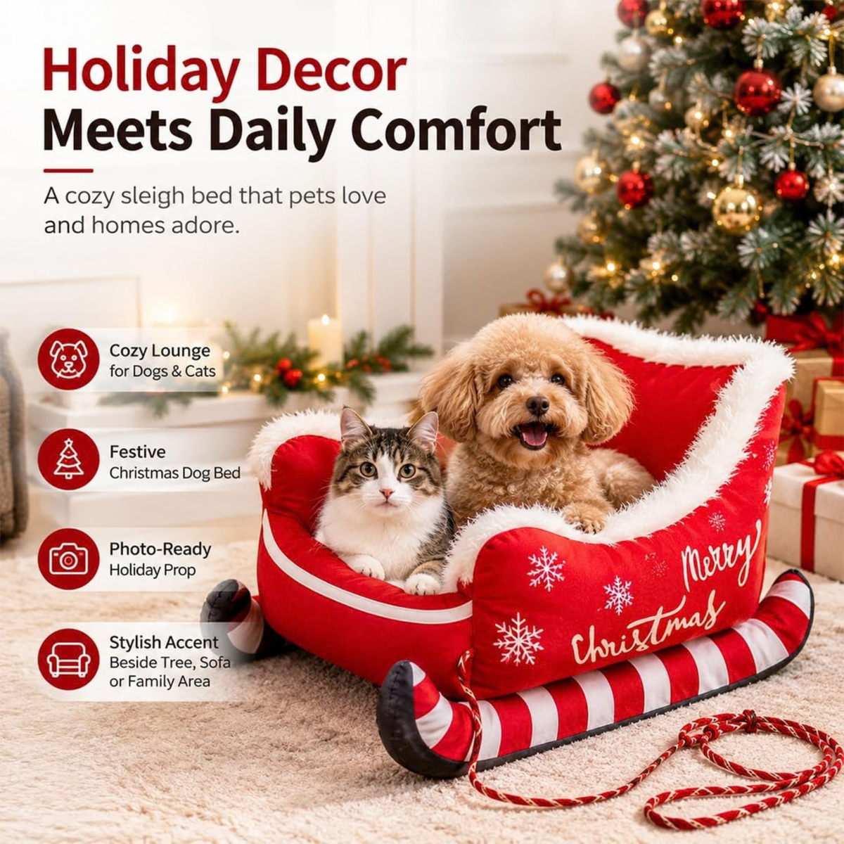 Christmas Dog Sleigh Bed, Santa Sleigh Plush Pet Sofa for Dogs & Cats