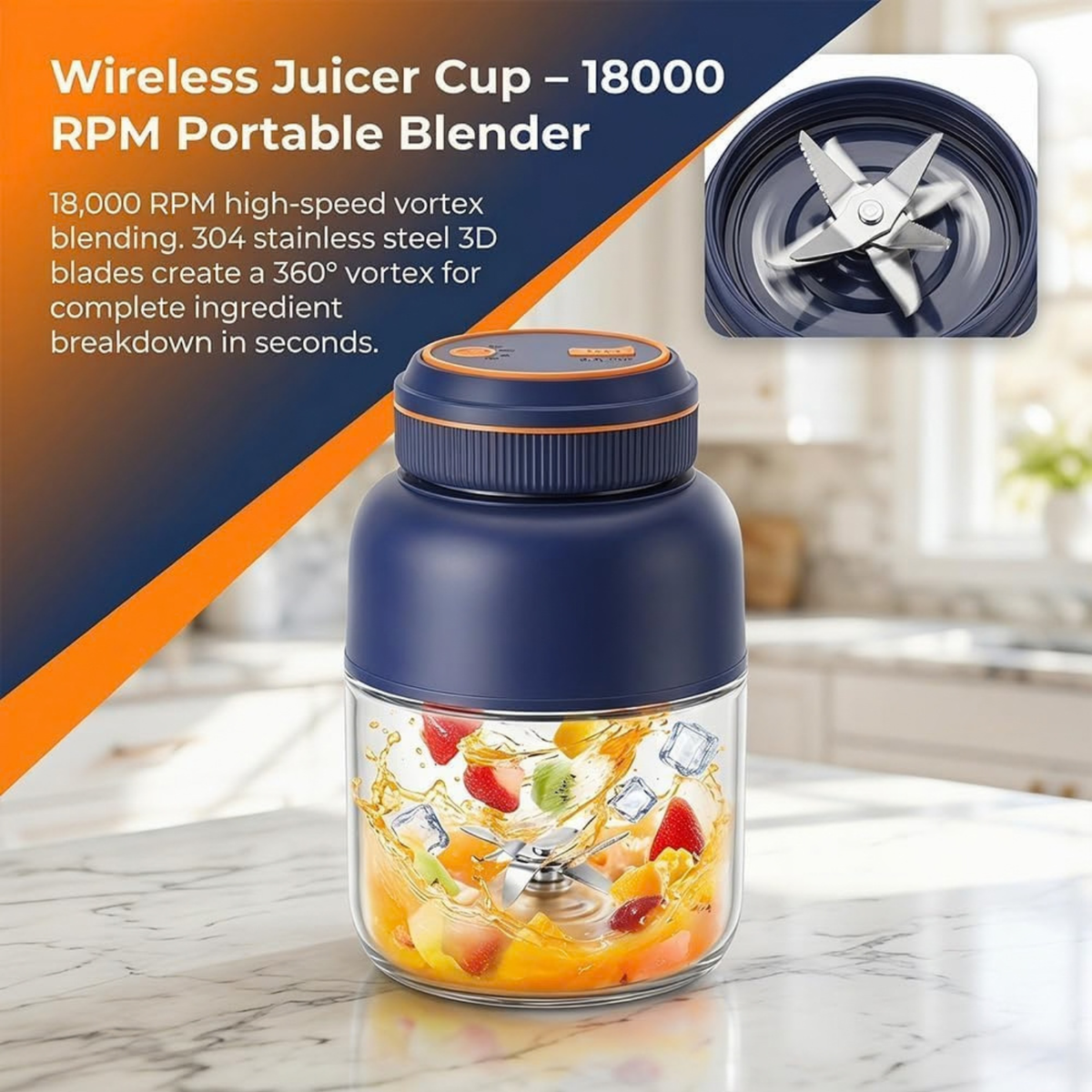 Portable Wireless Juicer Cup, 44oz USB Rechargeable Personal Blender, White 1300ml