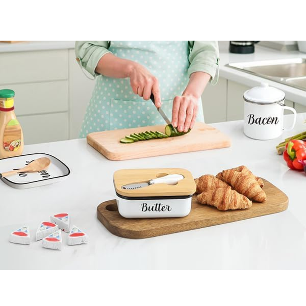 Butter Dish with Lid and Butter Curler Knife, Stainless Steel Butter Keeper with Double Silicone Seal for Kitchen & Farmhouse Decor