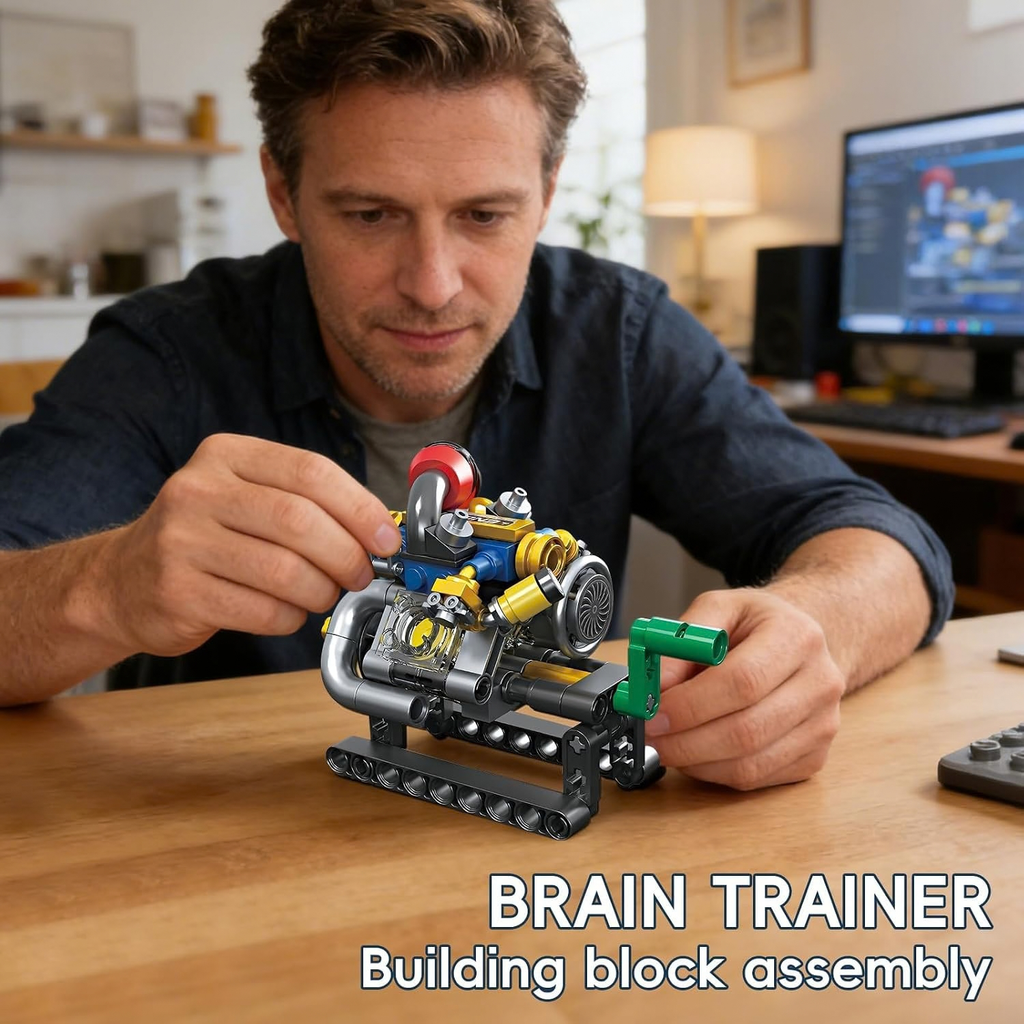 Mini V8 Engine Building Blocks Set, Mechanical Desk Display