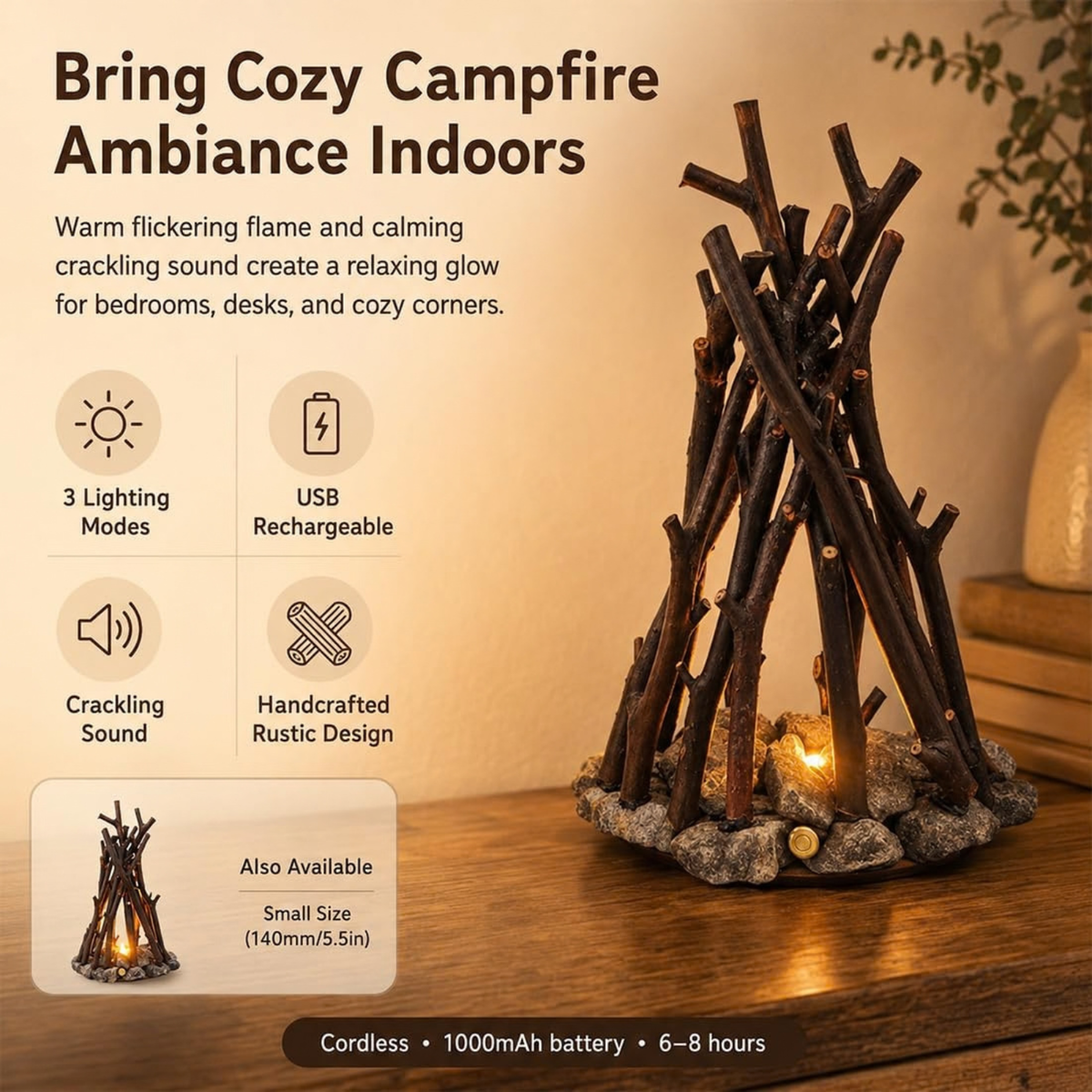 Dimmable Wooden Campfire Led Night Light, Handcrafted Forest Campfire Lamp