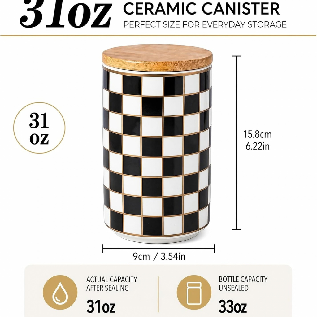 Ceramic Canister, Airtight Kitchen Canister for Coffee, Tea & More, Large Black Checkered