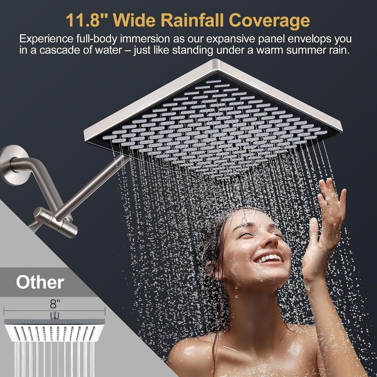 Rainfall Shower Head, 11.8 Inch Large Rectangular with Adjustable Stainless Steel Arm