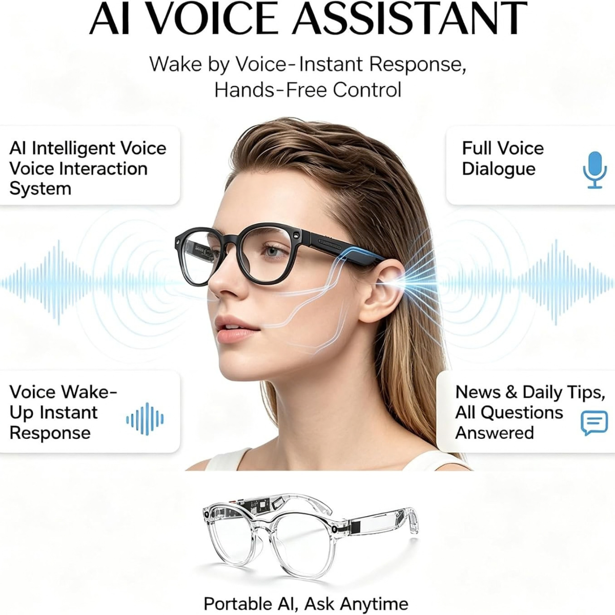 AI Smart Glasses Pink Transparent Frame 8MP Camera 1080P HD Video Recording
