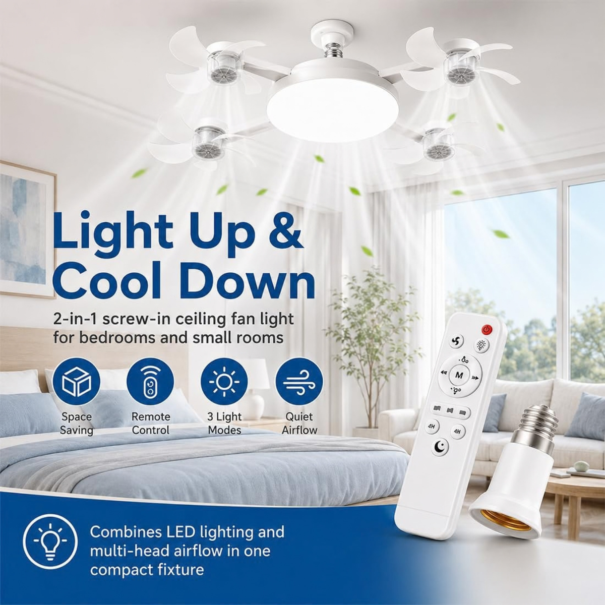 E27 Ceiling Fan Light, Silent LED Fan, Remote Control, 3 Speeds, Dimmable