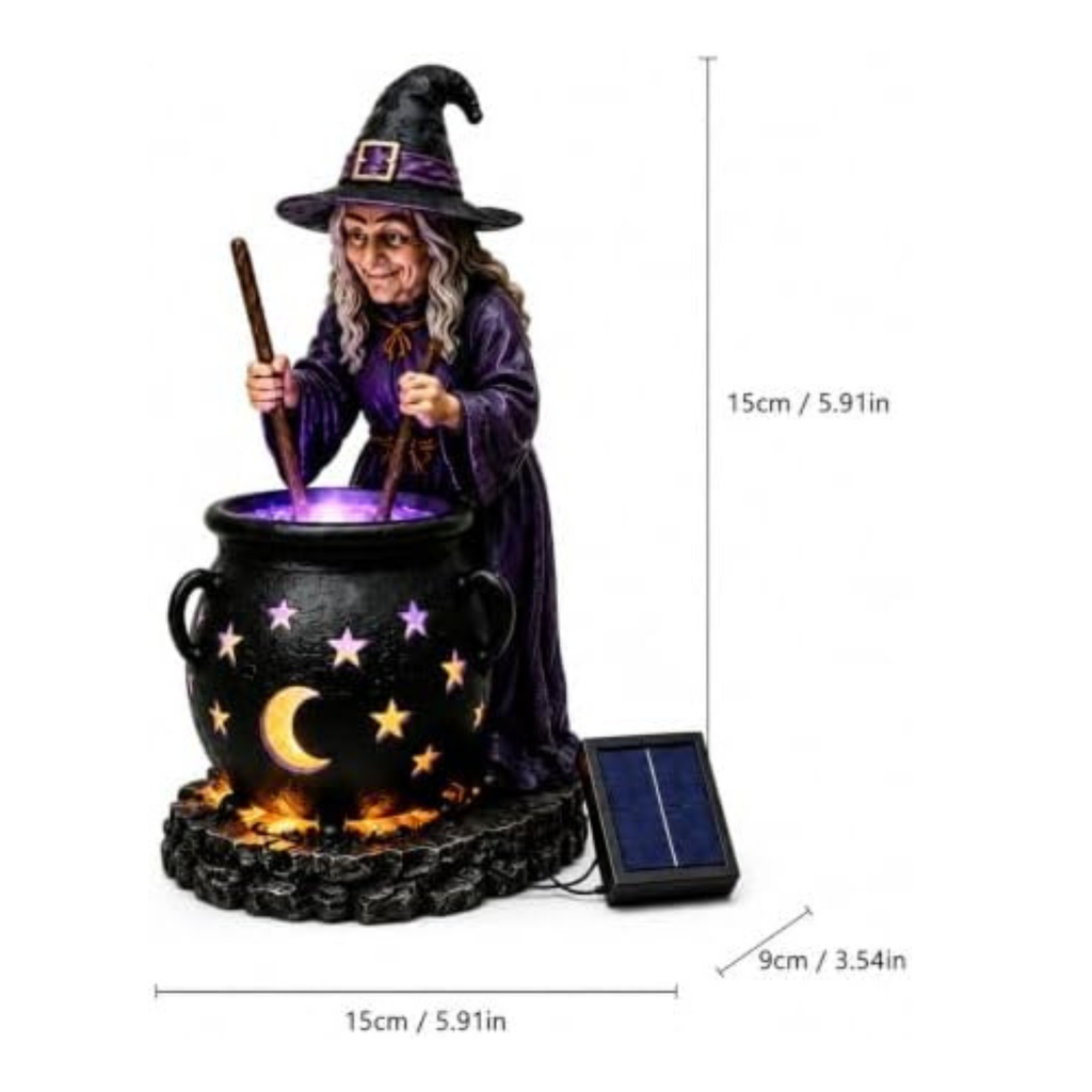 Halloween Witch Cauldron Garden Light, 6" Solar Powered Resin Witch Figurine with LED Glow, Waterproof Solar Garden Statues & Witch Decor Ornaments for Outdoor Yard & Porch