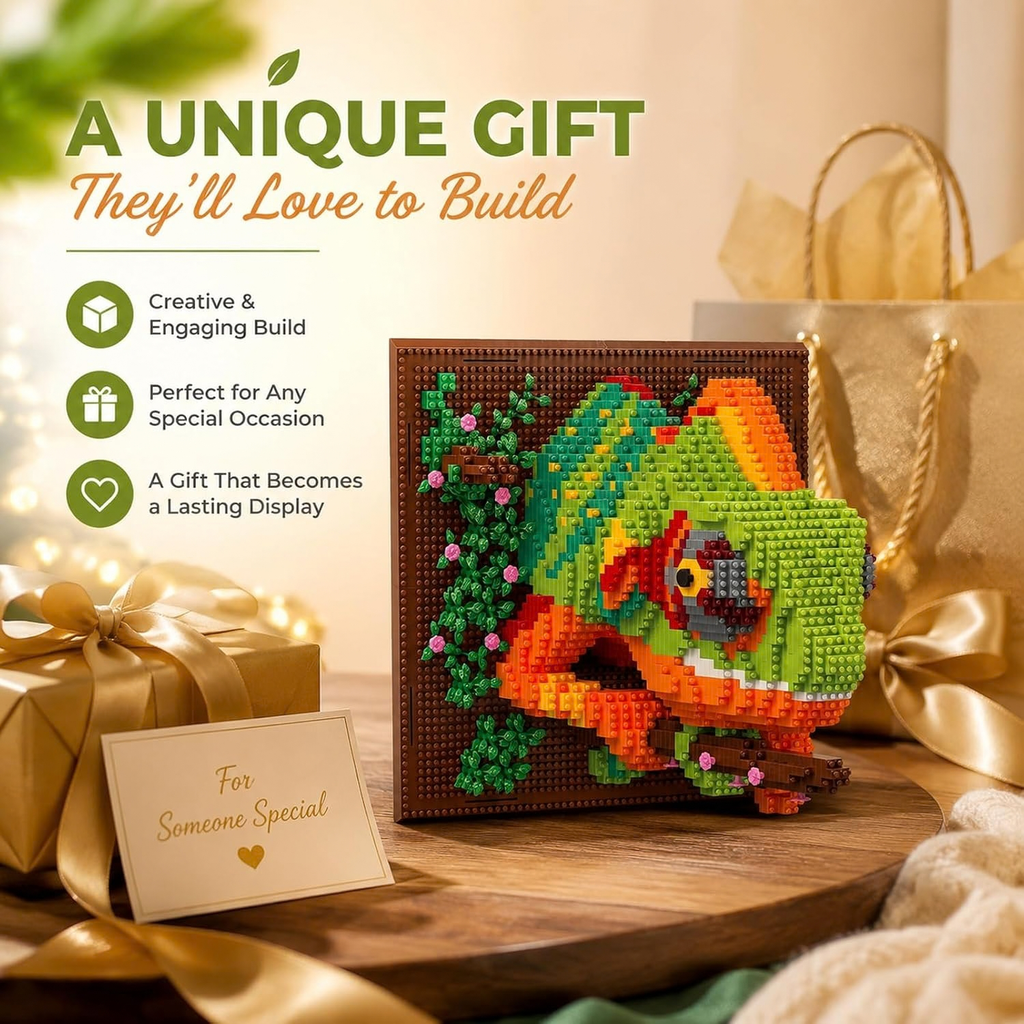 3D Chameleon Sculpture Kit, Colorful Micro Building Bricks Wall Art Decor