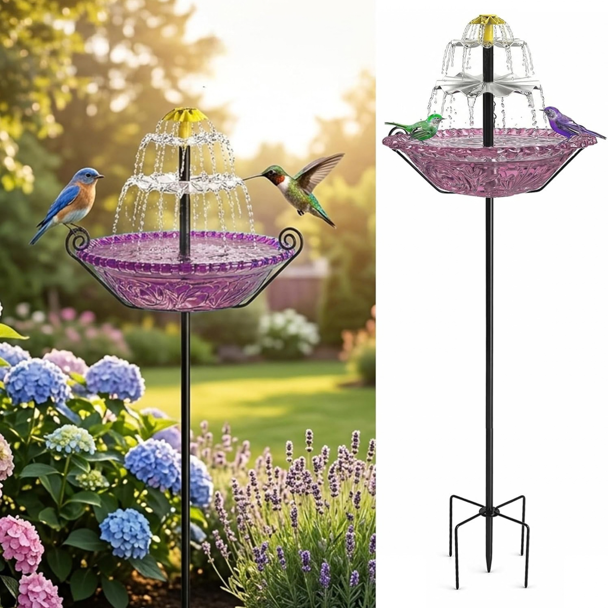 Solar Fountain Bird Bath with Stakes, Cascade Water Feature for Garden & Yard Decor (Purple)