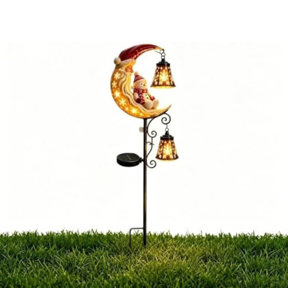 34'' Solar Christmas Lights Outdoor, Santa Snowman Garden Stake Light Waterproof Metal LED Yard Pathway Decor with Crescent Moon & Bell Lantern for Xmas Holiday Yard Patio Lawn (Snowman B)